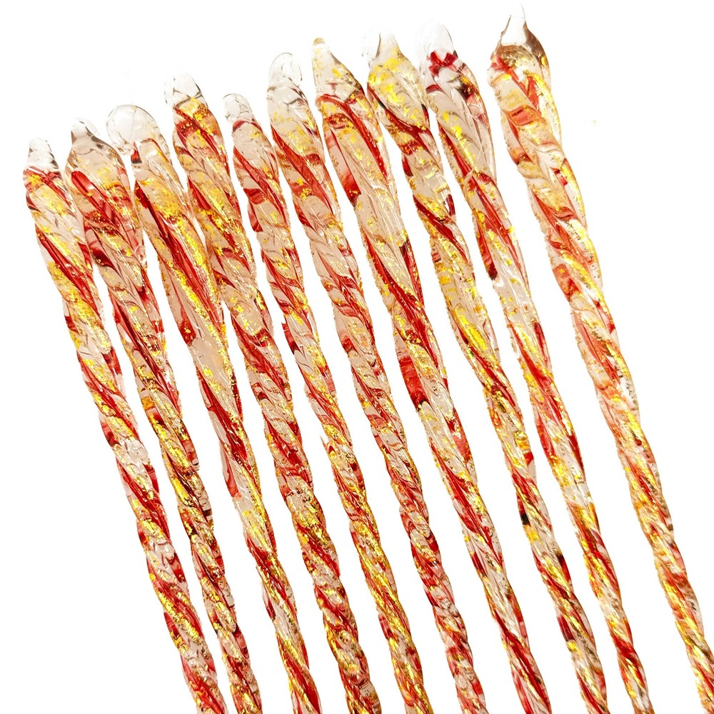 Vintage 1990s Twisted Glass Icicle Christmas Ornaments Red Gold Swirl Set of 10